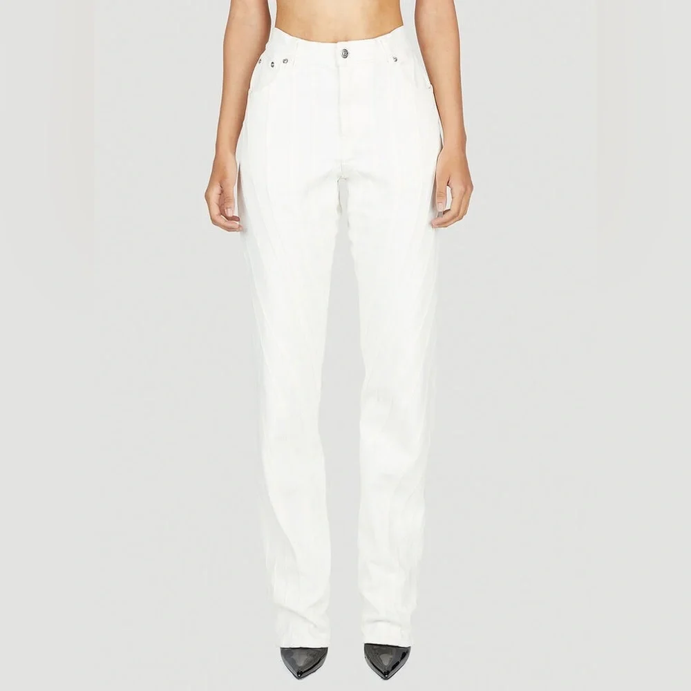 💥SALE💥Retail $950 NWT Mugler White Denim Spiral Seams Long Length JEANS Sold Out - Picture 7 of 15